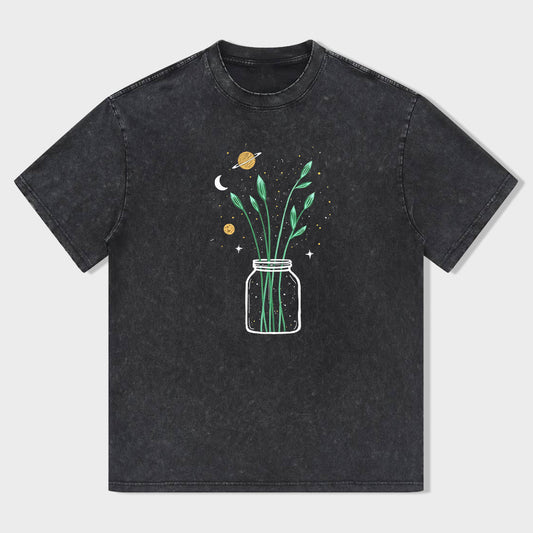 Short Sleeve Black T-Shirt with Jar of Plants and Celestial Elements Print for Casual Wear
