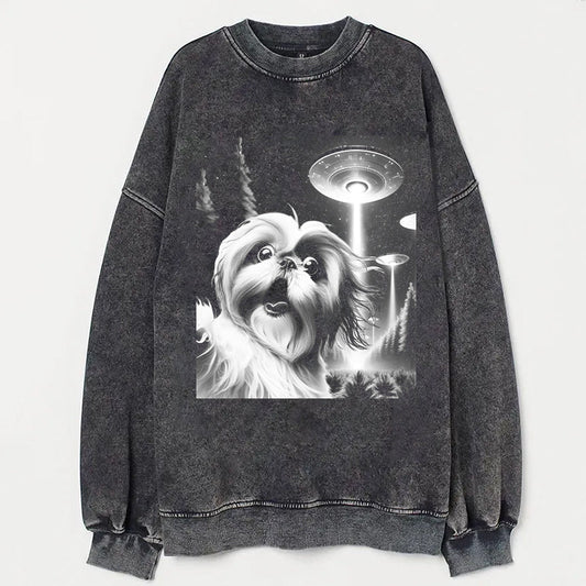 Shih Tzu Taking Selfie with UFOs Funny T-Shirt - heygraff