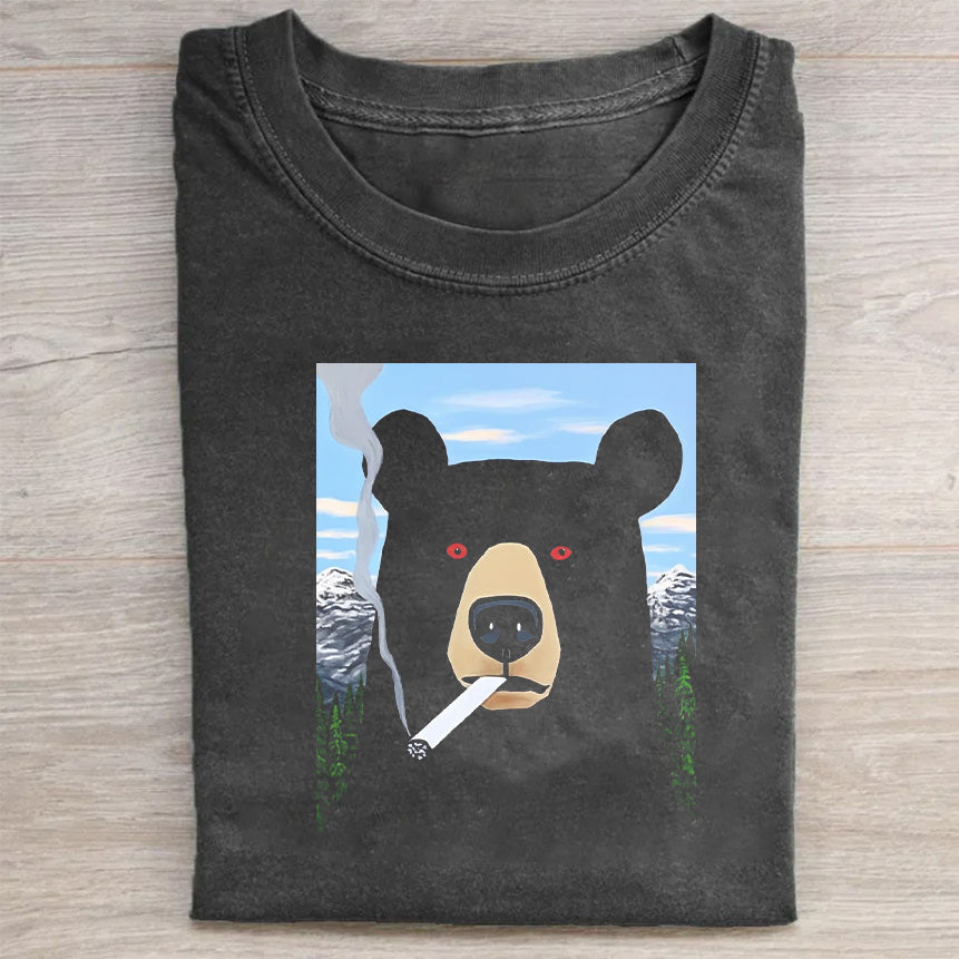 Short Sleeve Black T-Shirt with Cool Bear Smoking Design for Casual Wear