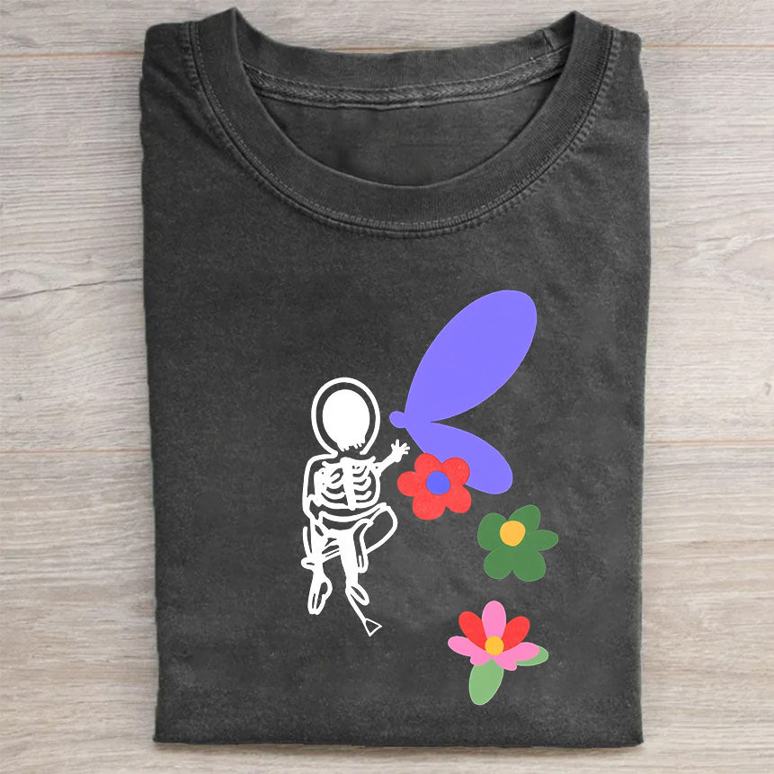 Skeleton with Butterfly Wings and Flowers Graphic T-Shirt