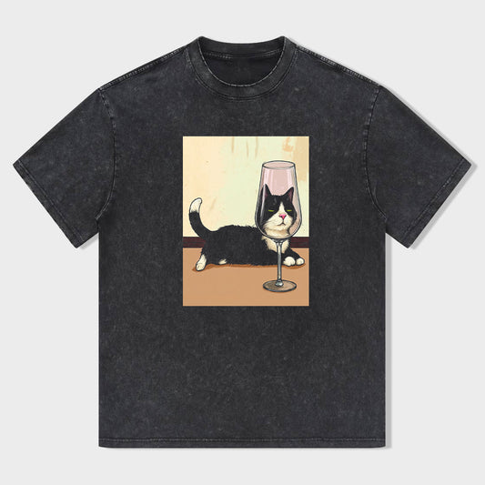 Cute Cat with Wine Glass Graphic T-Shirt