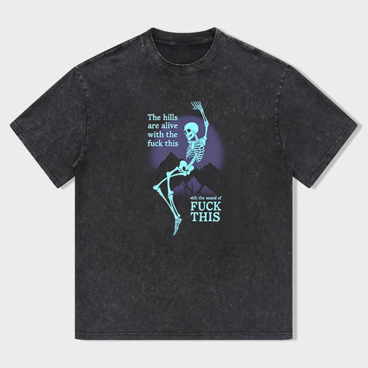 Vintage Black T-Shirt with Skeleton Graphic and Slogan Design - Unisex T-Shirt