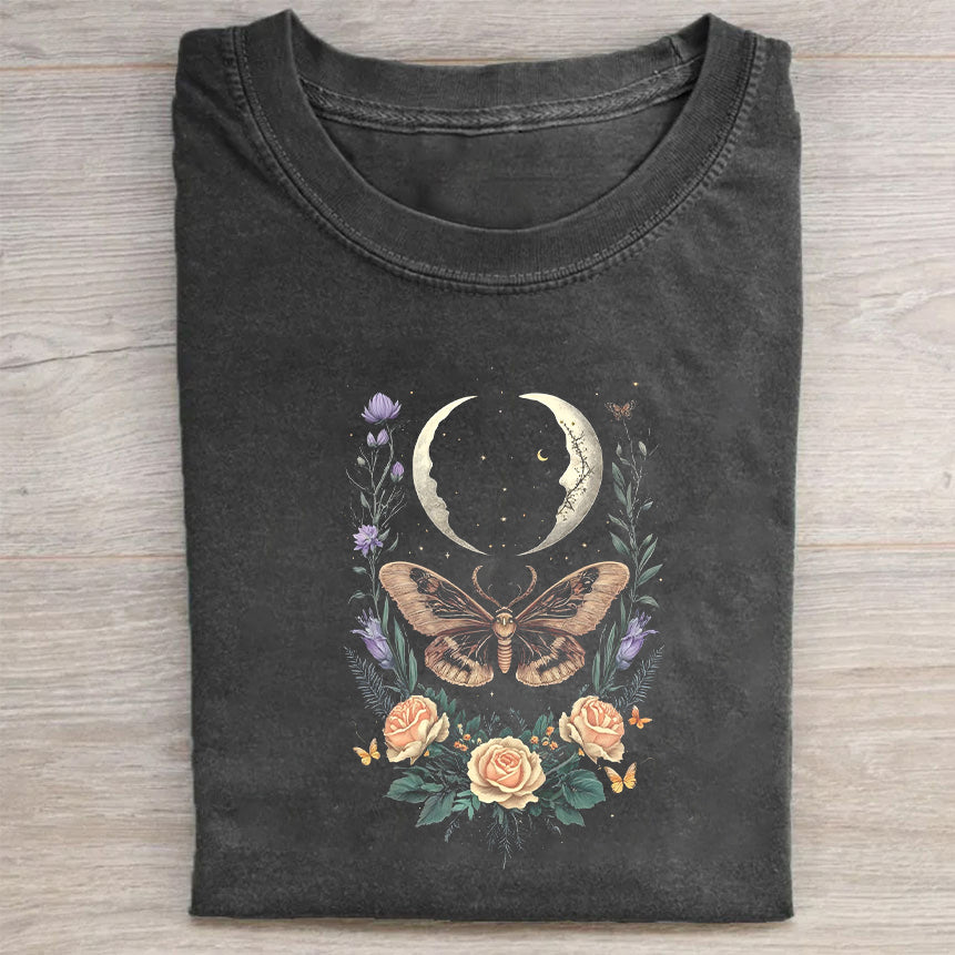Round Neck Black T-Shirt with Moon Butterfly Floral Print for Casual Wear