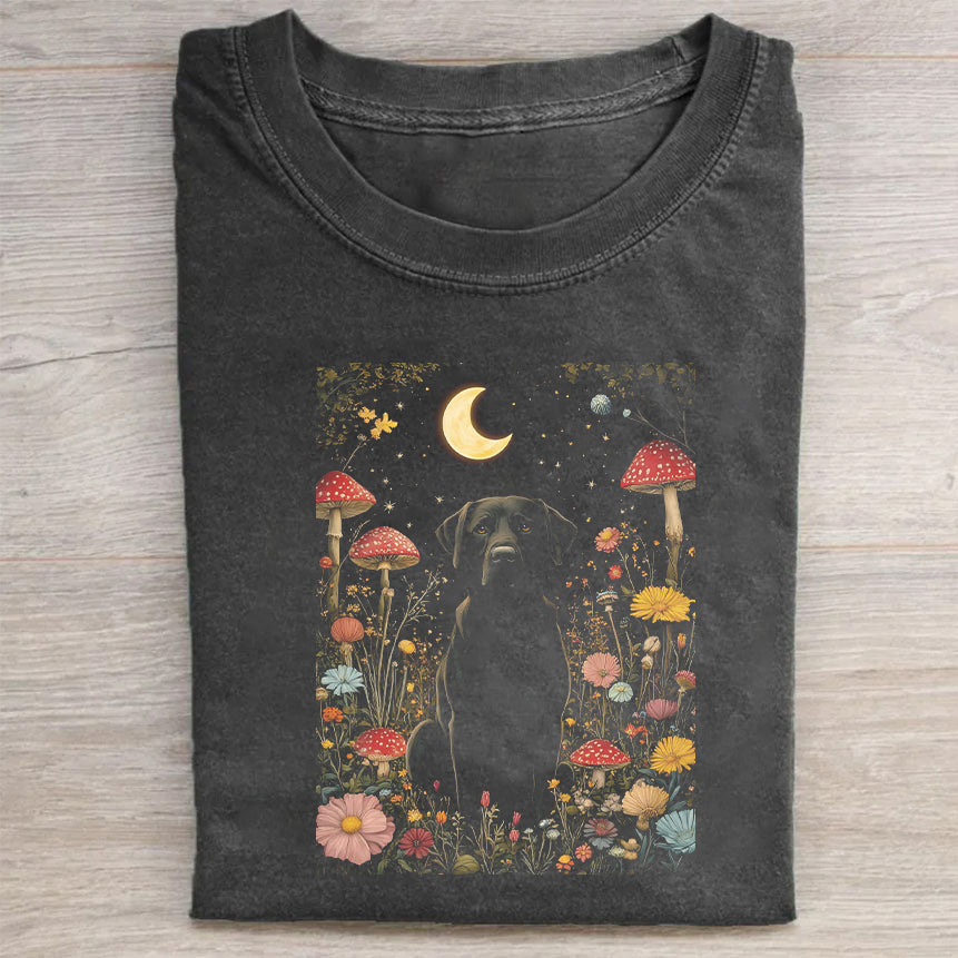 Black Dog in Floral Garden Graphic T-Shirt