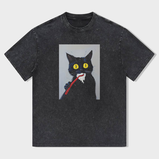 Black Cat with Toothbrush Graphic T-Shirt