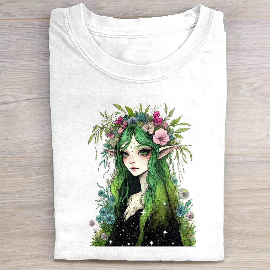 Green Fairy with Floral Crown Women's Fashion Graphic T-Shirt