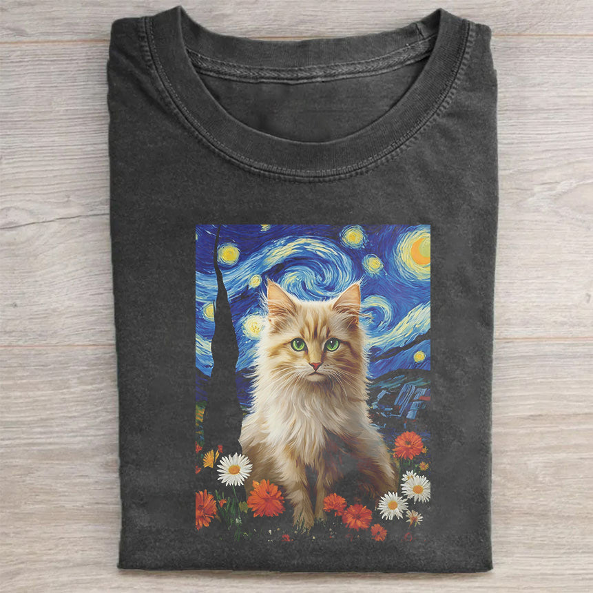 Classic Crew Neck Black T-Shirt with Van Gogh Cat Art Print for Casual Wear