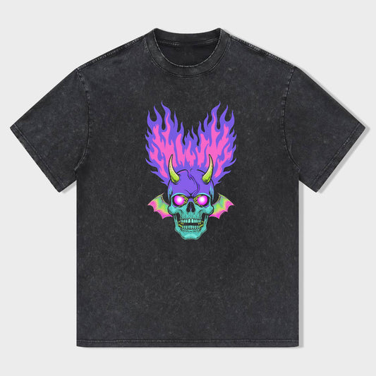 Unisex Crewneck Black T-Shirt with Purple Flame Skull Graphic for Casual Wear