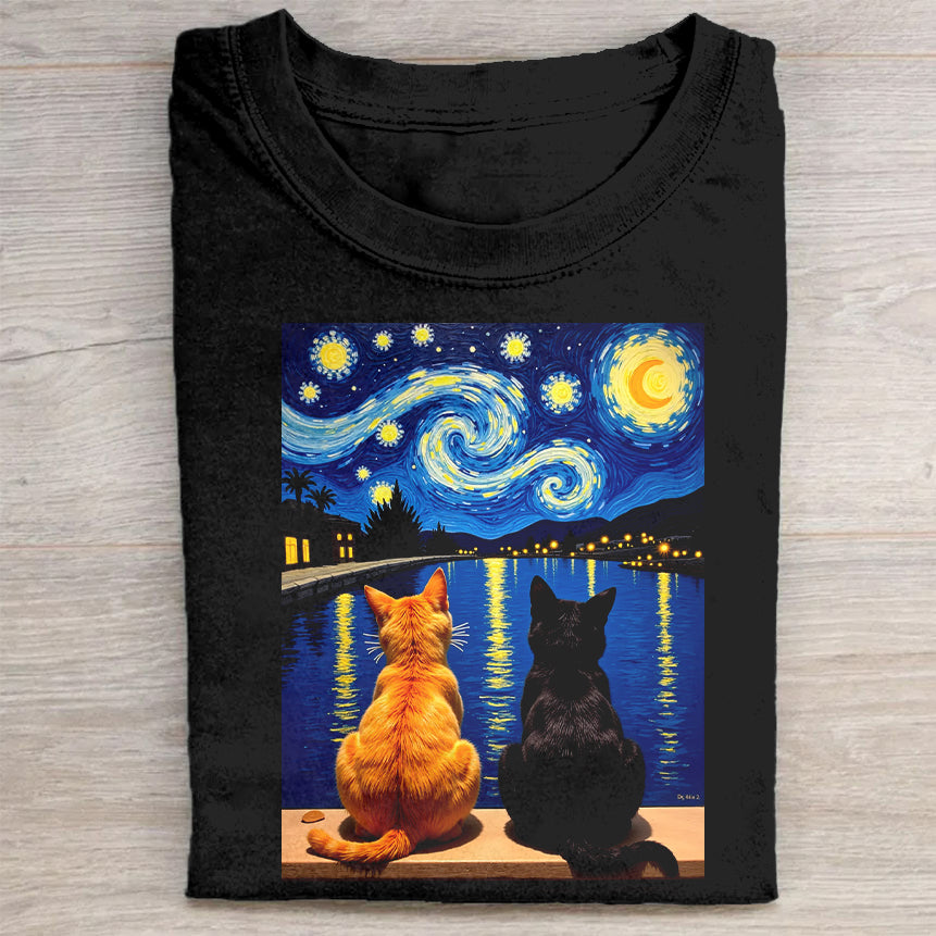 Starry Night Cat Art T-Shirt