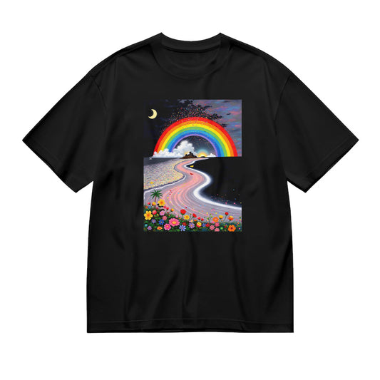 Colorful Rainbow and Flower Print Black T-Shirt