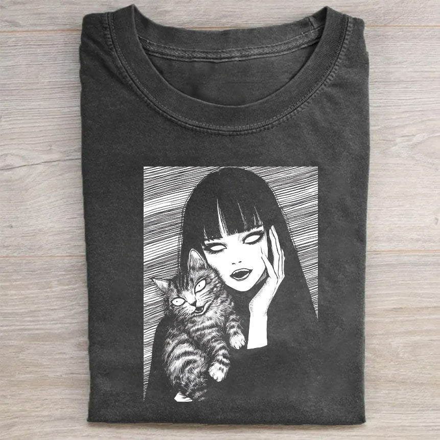 Black Graphic T-Shirt with Vintage Anime Girl and Cat Design for Women Men Unisex