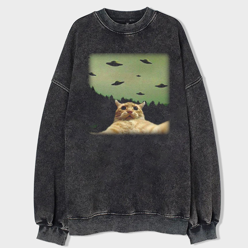 Cat Selfie With UFO Art Acid Wash Sweatshirt - heygraff
