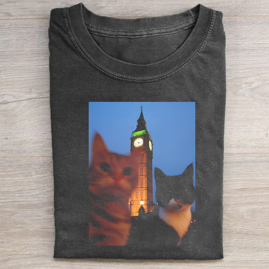 Cats and Clock Tower Graphic T-Shirt