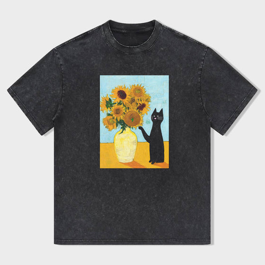 Classic Crew Neck T-Shirt Black Sunflowers & Cat Art Print for Casual Wear