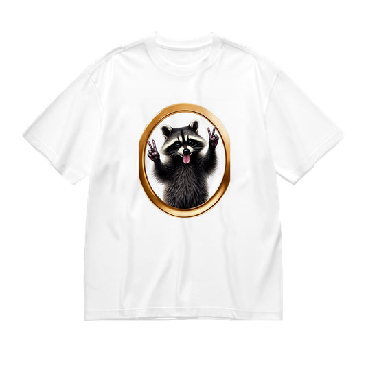 Round Neck White T-Shirt with Raccoon in Gold Frame Print for Casual Wear
