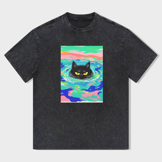 Neon Cat in Water Graphic Print Men's Fashion T-Shirt