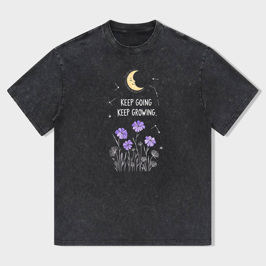 Short Sleeve Black T-Shirt with Keep Going Keep Growing Moon and Flowers Print for Casual Wear