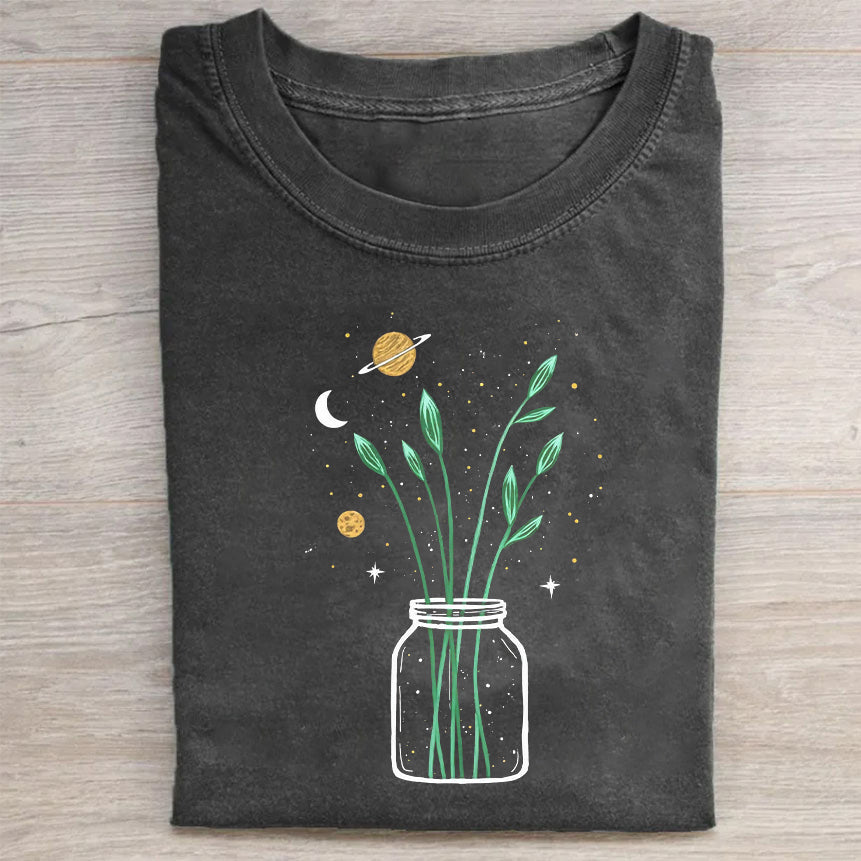 Short Sleeve Black T-Shirt with Jar of Plants and Celestial Elements Print for Casual Wear