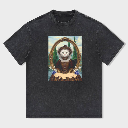 Vintage Black T-Shirt with Cat Portrait Art Print