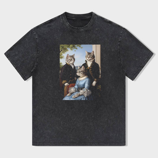 Vintage Black T-Shirt with Cat Family Portrait Art Print - Unisex T-Shirt