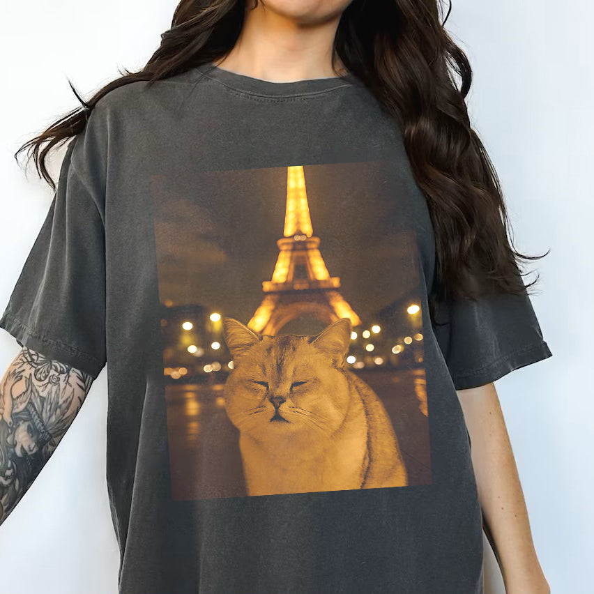 Personalized Cat Taking Selfie with Eiffel Tower Funny T-Shirt