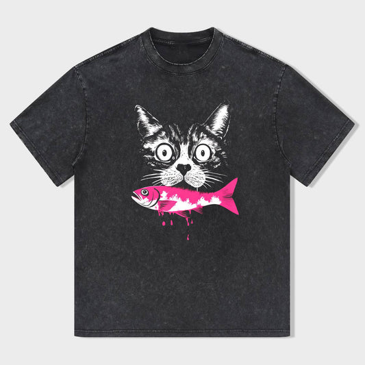 Cute Cat with Fish Graphic T-Shirt