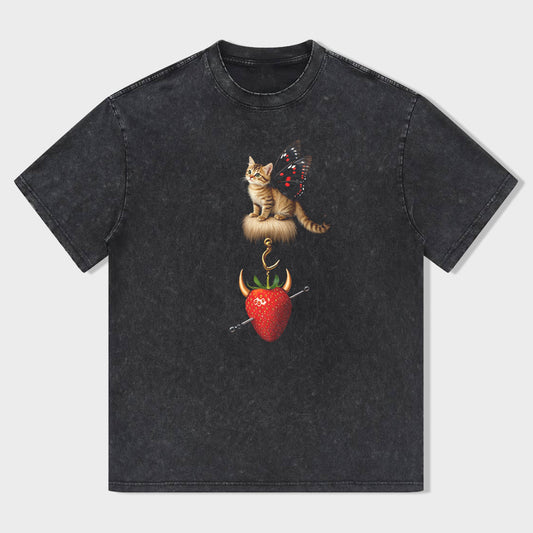 Cute Cat on Strawberry Graphic T-Shirt