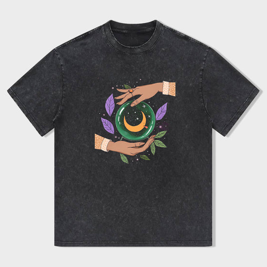 Crescent Moon and Hands Design Graphic T-Shirt