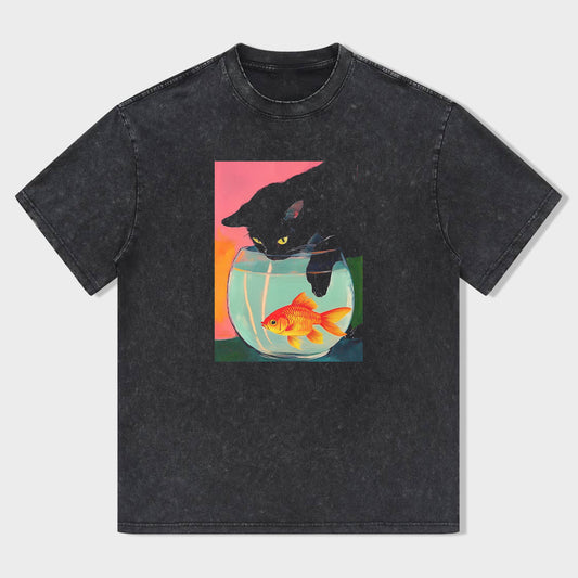 Black T-Shirt with Cat and Goldfish Bowl Graphic Design T-Shirt