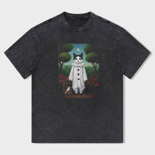 Vintage Black T-Shirt with Cute Cat Clown Graphic Print