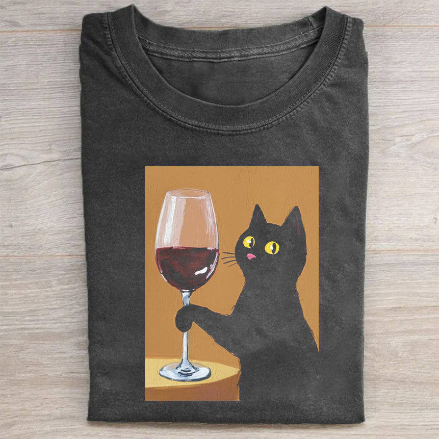 Black Cat Holding Wine Glass Graphic T-Shirt