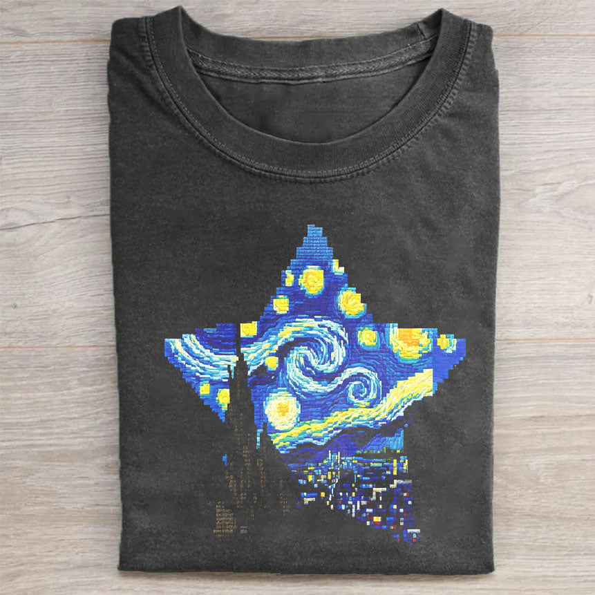 Short Sleeve Black T-Shirt with Starry Night Star Print for Casual Wear