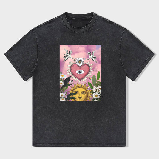 Psychedelic Art T-Shirt with Heart and Sun Design for Women Men Unisex Graphic Tee