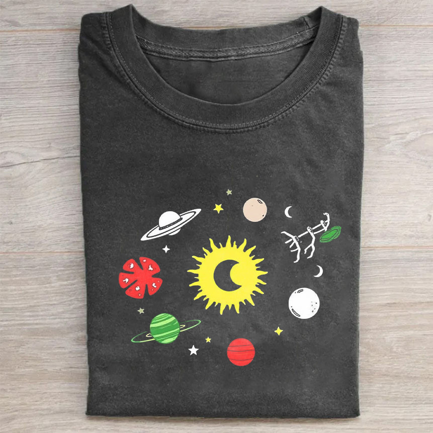 Short Sleeve Black T-Shirt with Colorful Solar System Print for Casual Wear