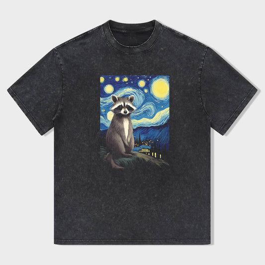 Short Sleeve Black T-Shirt with Raccoon Starry Night Print for Casual Wear