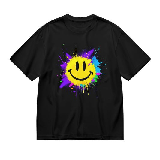 Colorful Splash Smiley Face Black T-Shirt