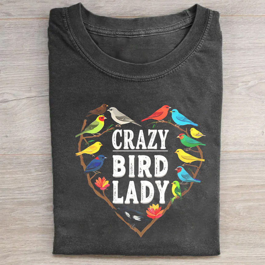Crazy Bird Lady Graphic T-Shirt Black Heart Design with Colorful Birds for Women's Casual Wear