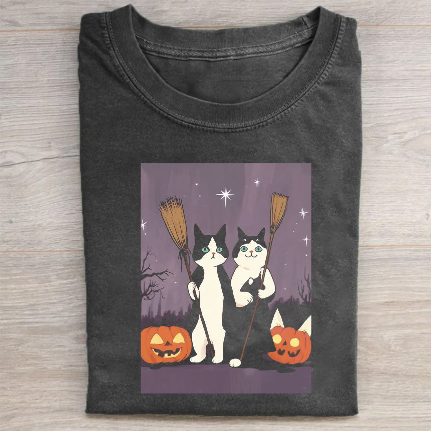 Halloween Cat Pumpkin Graphic Tee for Women Men Unisex Casual Cotton T-Shirt