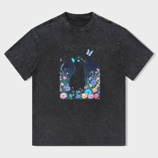 Black Cat in Garden Graphic T-Shirt