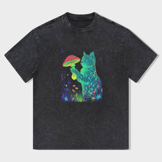 Colorful Cat Holding Mushroom Graphic T-Shirt