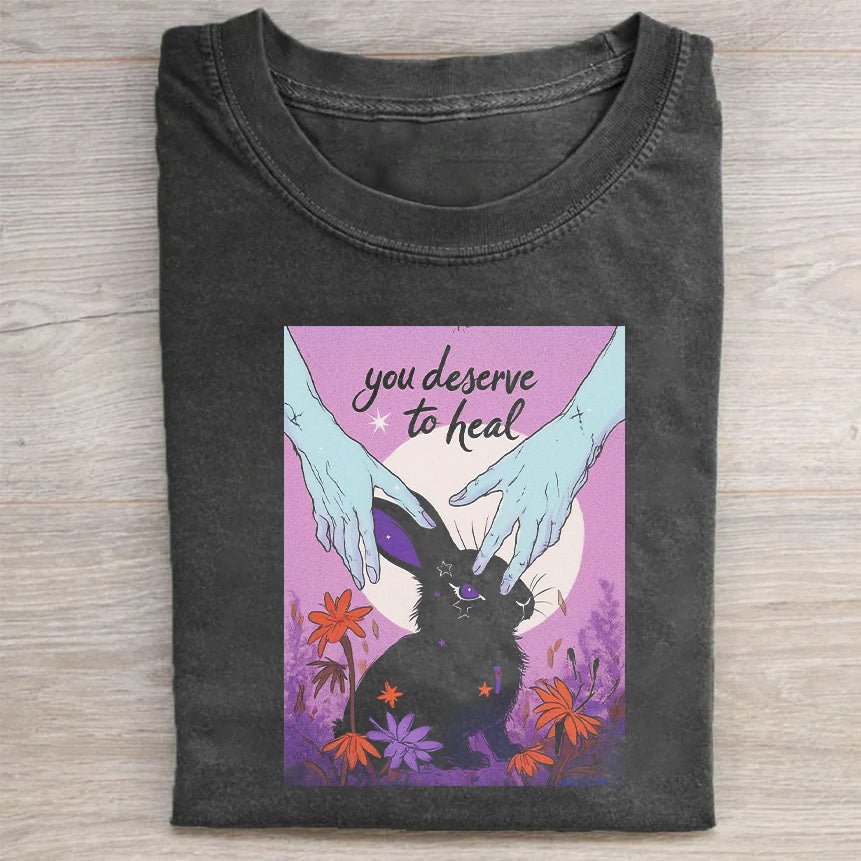 Vintage T-Shirt Black You Deserve to Heal Bunny with Wings and Flowers Print for Casual Wear