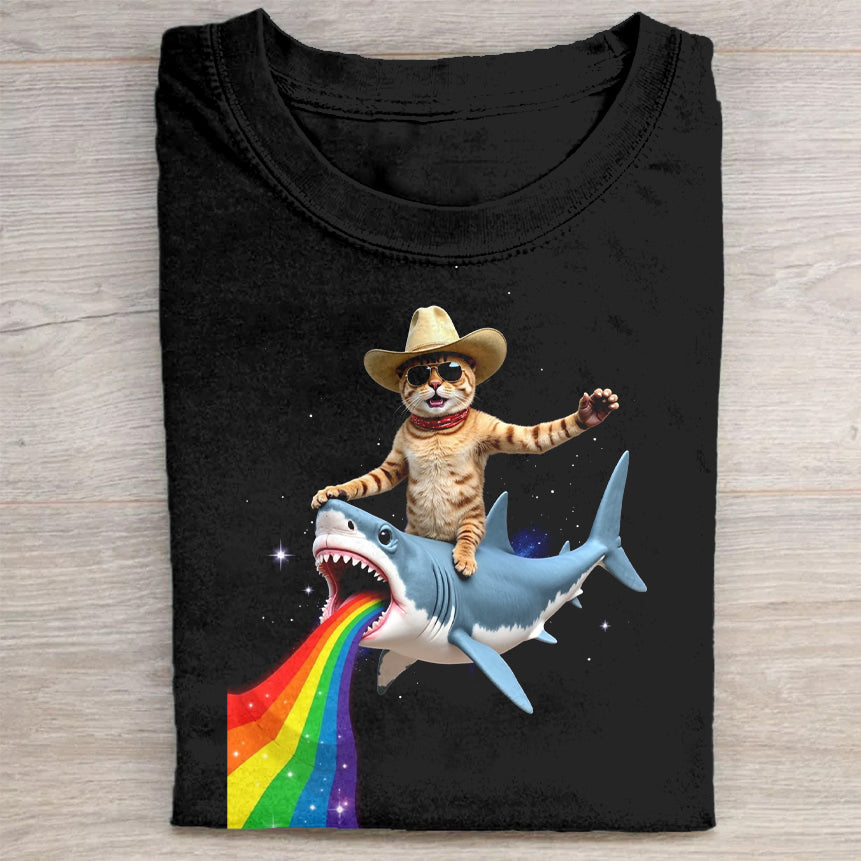 Funny Cat Riding Shark Rainbow T-Shirt