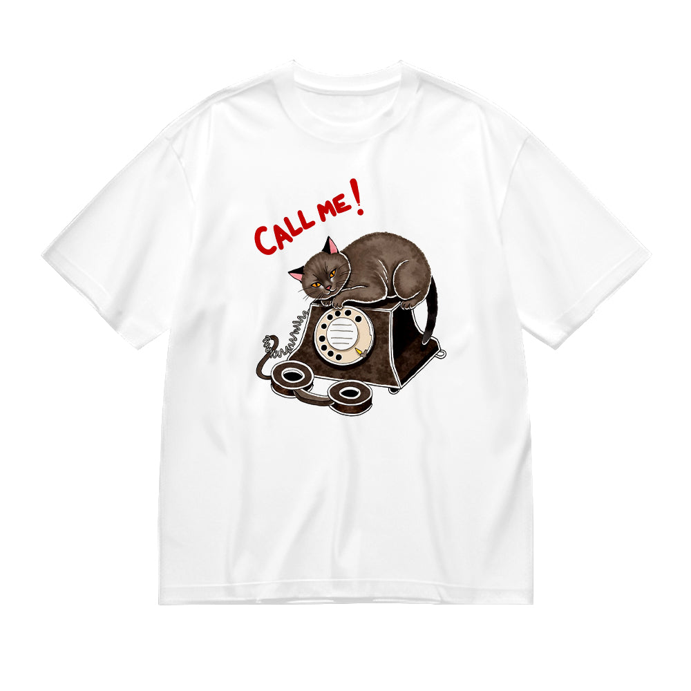 Call Me! Cat and Phone Graphic White T-Shirt