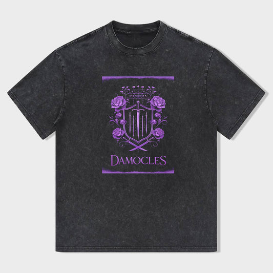 Damocles Graphic T-Shirt with Purple Heraldic Design Men's Fashion Tee