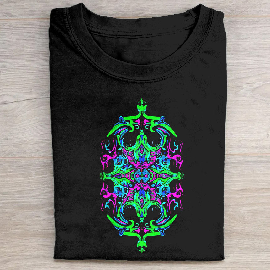 Black T-Shirt with Neon Green and Purple Ornate Graphic Design