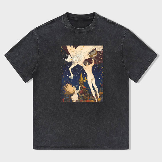 Vintage Black T-Shirt with Celestial Angel Graphic Print