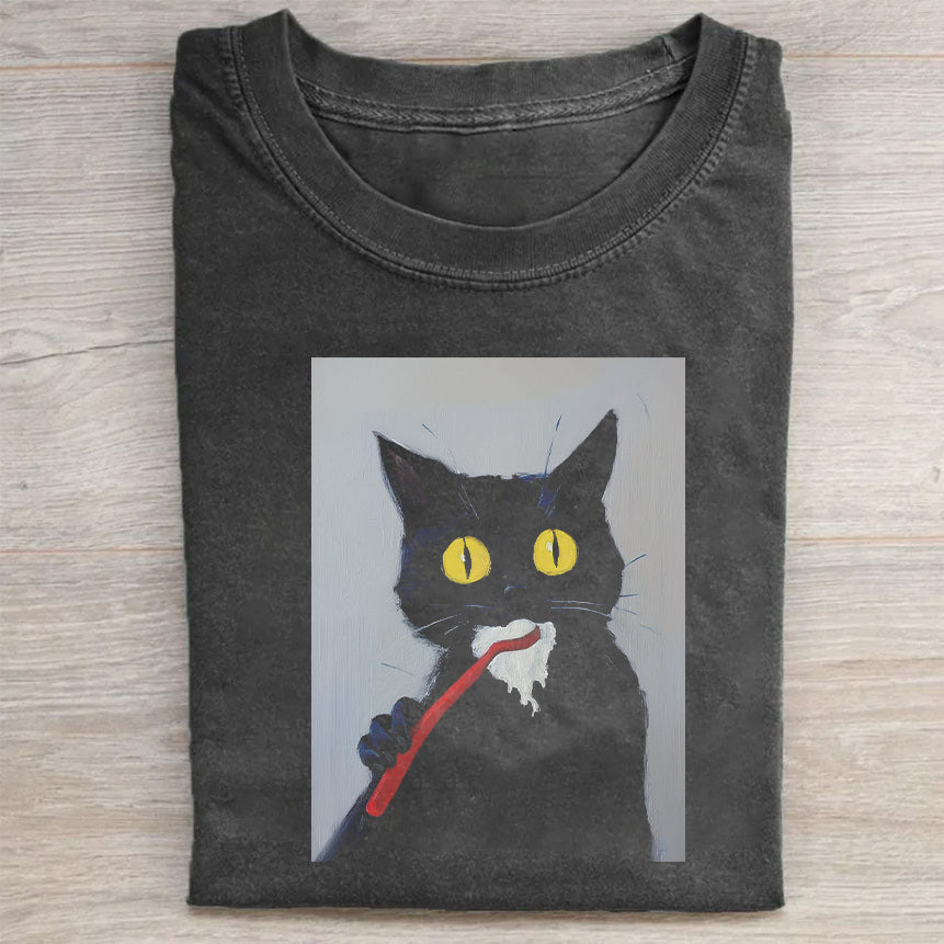 Black Cat with Toothbrush Graphic T-Shirt