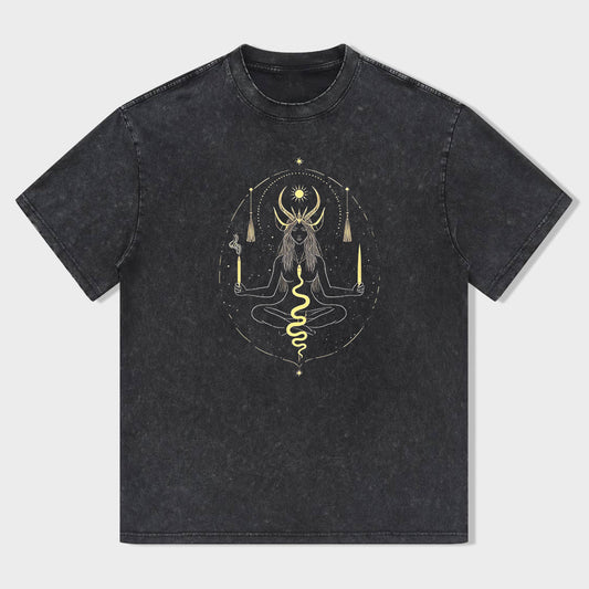 Round Neck Black T-Shirt with Golden Mystic Symbol Print for Casual Wear