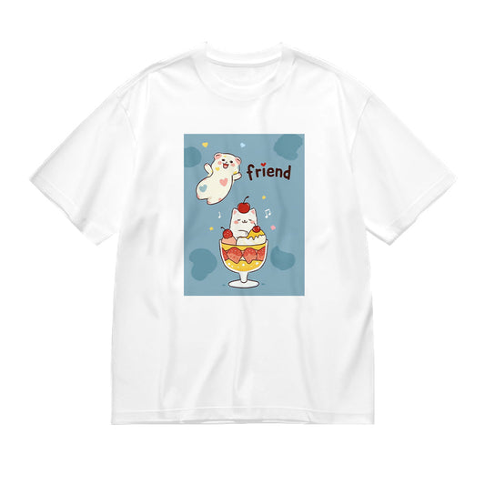 Cute Cartoon Ghost and Cat Ice Cream Bowl Design Graphic T-Shirt