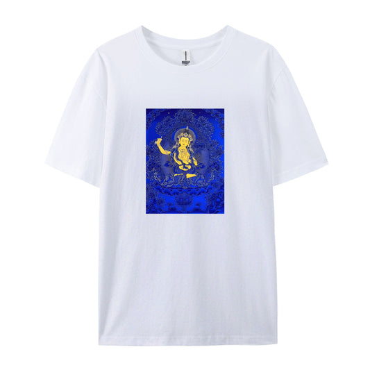 Buddhist Deity Art Print White T-Shirt for Men Women Casual Wear Spiritual Clothing Meditation Apparel Unique Design Graphic Tee